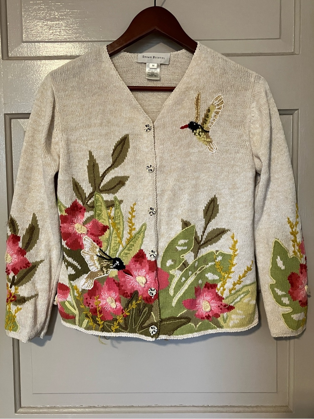Vintage Susan Bristol Cream Floral Hummingbird Embroidered Linen Knit Cardigan M